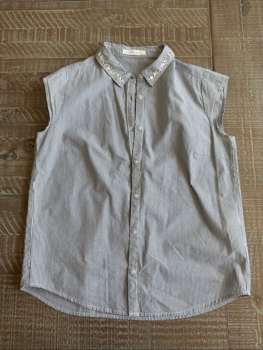 Sleeveless Striped Button-Down Shirt with Embellished Collar - Blue/White - Picture 1 of 12